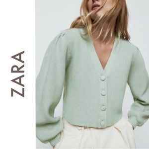 Zara Ribbed Knit Puff Sleeve Crop Mint Green/Blue Cardigan Sweater (size XL)